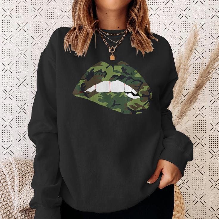 Camouflage Lips Mouth Military Kiss Me Biting Camo Kissing Sweatshirt Gifts for Her