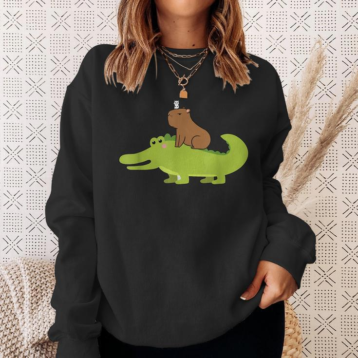 Capybara Riding Alligator Pet Dad Mom Boy Girl Kids Outfit Sweatshirt Gifts for Her