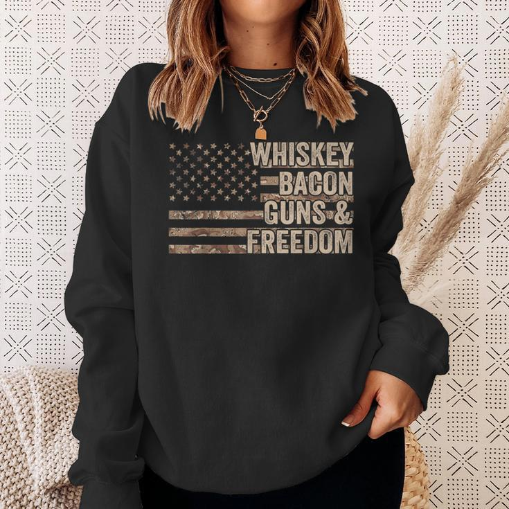 Dad Grandpa Veteran Us Flag Whiskey Bacon Guns Freedom V2 Men Women Sweatshirt Graphic Print Unisex Gifts for Her