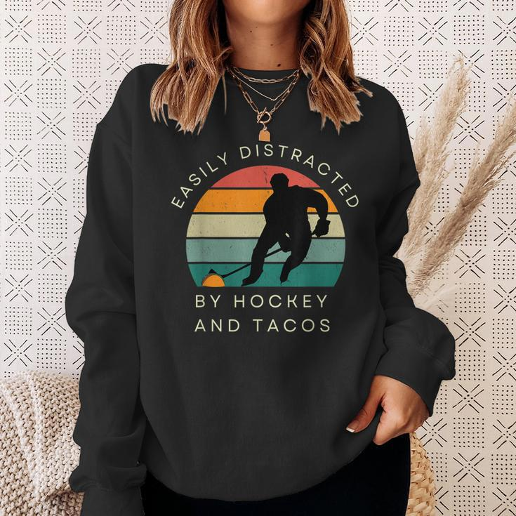 Easily Distracted By Hockey And Tacos Funny Hockey Players Sweatshirt Gifts for Her