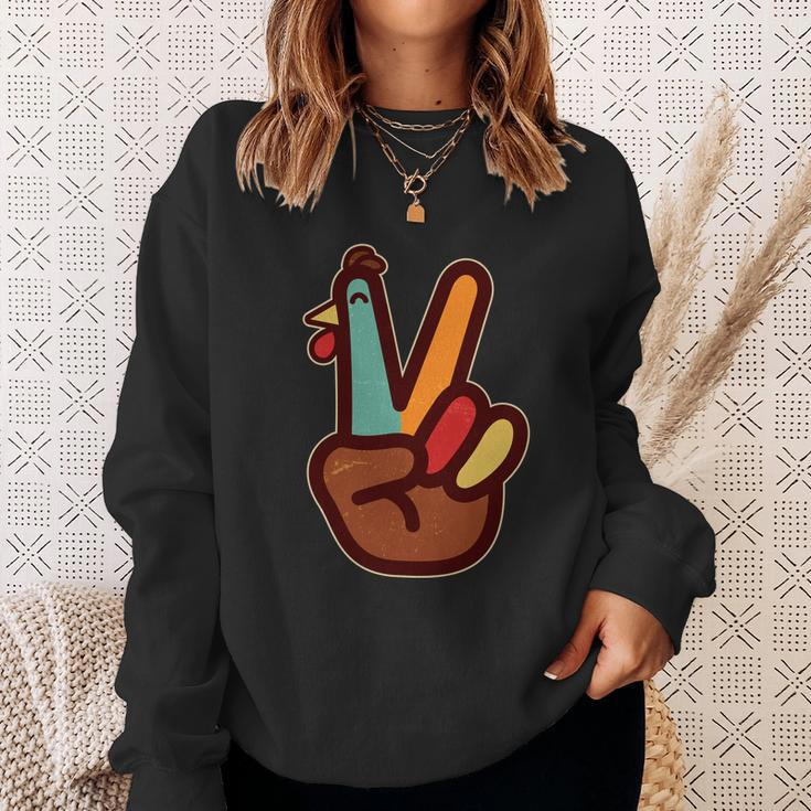Funny Cute Thanksgiving Hand Turkey Peace Sign Sweatshirt Gifts for Her