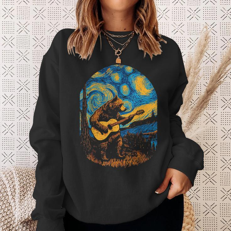 Grizzly Bear Blues Guitar-Player Starry-Night Music Sweatshirt Gifts for Her