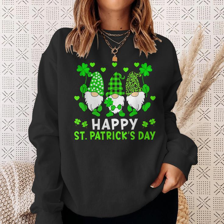 Happy St Patricks Day Three Gnomes Holding Shamrock Leopard Sweatshirt Gifts for Her