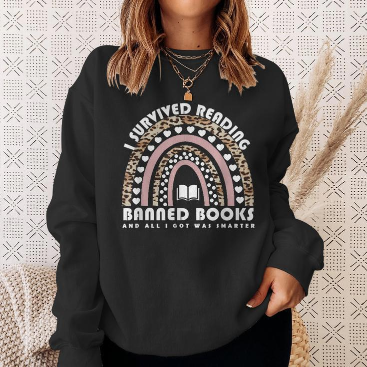 I Survived Reading Banned Books Leopard Librarian Bookworm Sweatshirt Gifts for Her