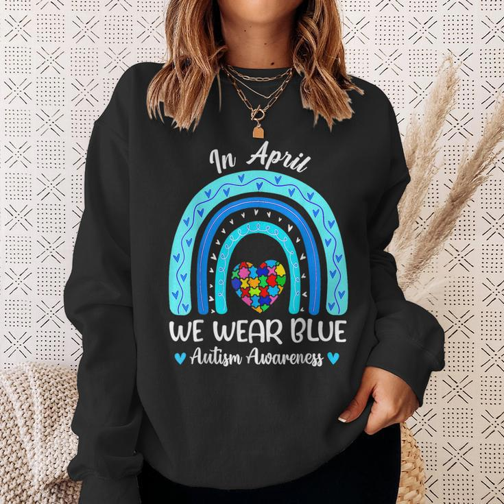 In April We Wear Blue Autism Awareness Month Puzzle Rainbow Sweatshirt Gifts for Her