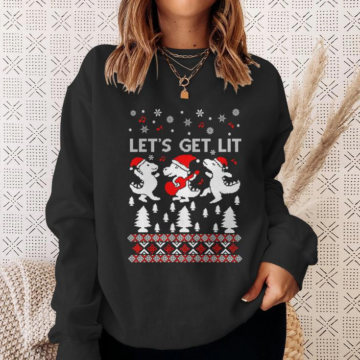 Lets Get Lit Pajamas Dinosaur Ugly Christmas Sweater Gift Sweatshirt Gifts for Her