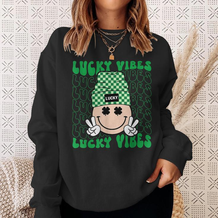 Lucky Vibes Hippie Groovy St Patricks Day Shamrock Irish Sweatshirt Gifts for Her