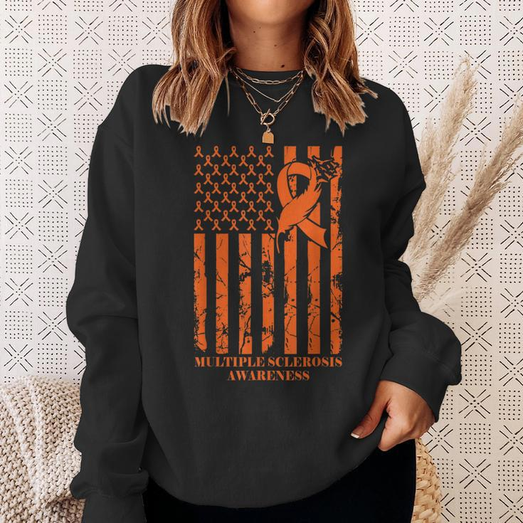 Ms Warrior Multiple Sclerosis Awareness Ribbon Usa Flag Sweatshirt Gifts for Her