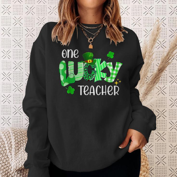 One Lucky Teacher Shamrock Clover Leopard St Patricks Day Sweatshirt Gifts for Her