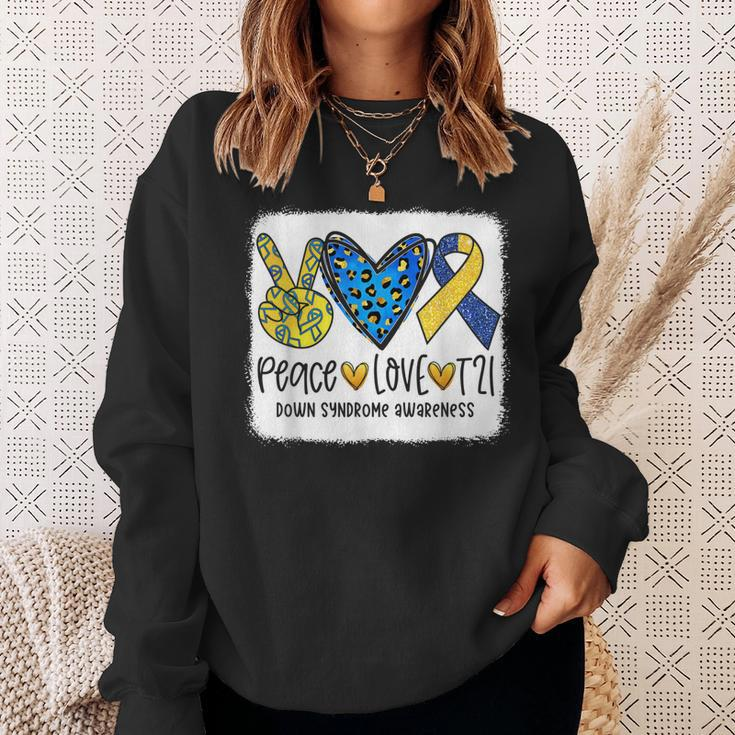 Peace Love T21 Cure Blue Yellow Down Syndrome Awareness Sweatshirt Gifts for Her