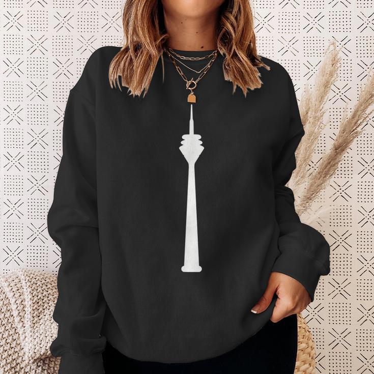 Schwarzes Sweatshirt mit Weißem Turmdruck Motiv, Modisches Stadtdesign Tee Geschenke für Sie