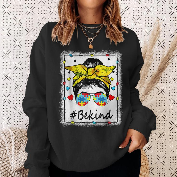 Sunflower Be Kind Girls - Autism Awareness Messy Bun Sweatshirt Gifts for Her