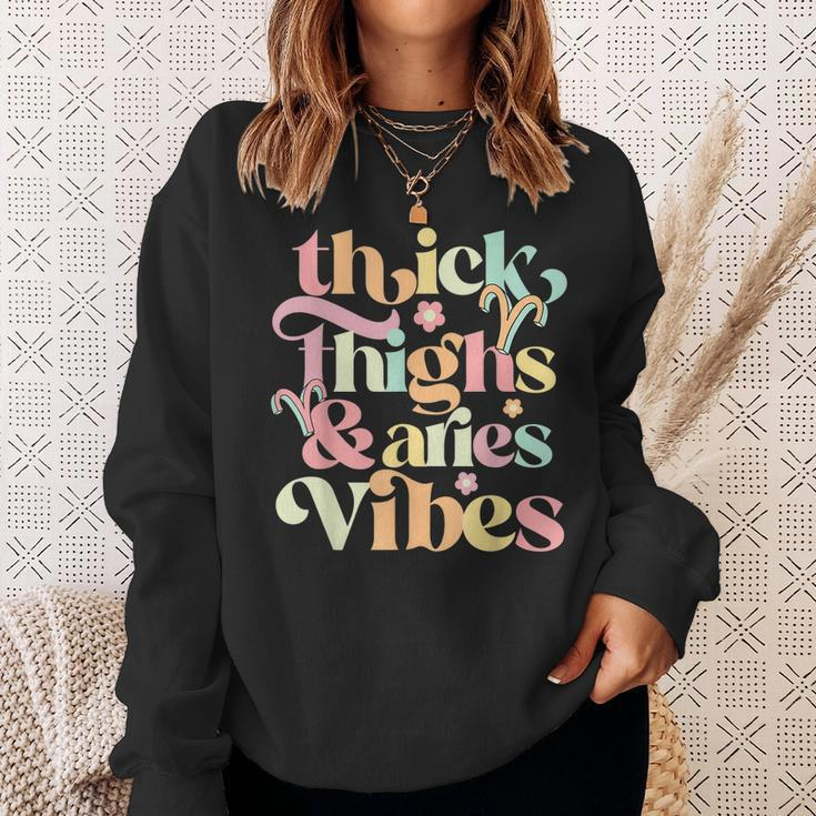 Thick Thighs Aries Vibes March April Birthday Groovy Zodiac Sweatshirt Gifts for Her