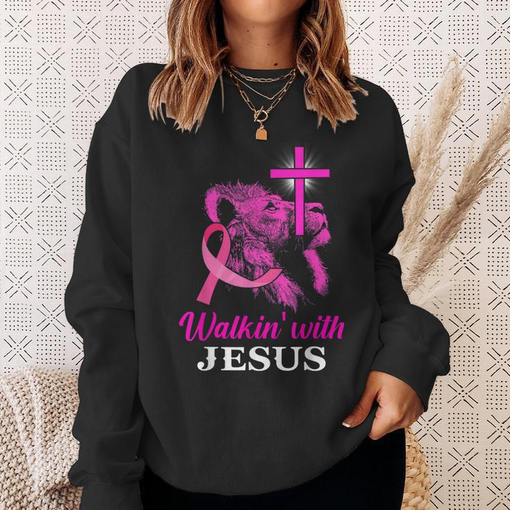 Walking With Jesus Lion Christian Cross Breast Cancer Women Sweatshirt Gifts for Her