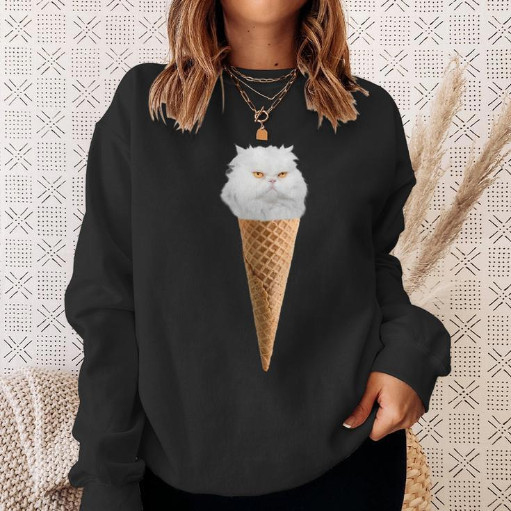 White Fluffy Cat Sitting In The Ice Cream Cone Sweatshirt Gifts for Her