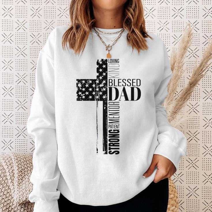 Cool Christian Blessed Dad Cross American Flag Fathers Day Sweatshirt Gifts for Her