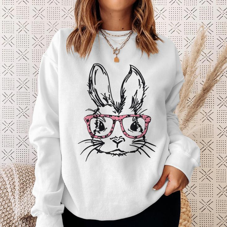 Cute Bunny With Glasses Leopard Print Easter Bunny Face Sweatshirt Gifts for Her