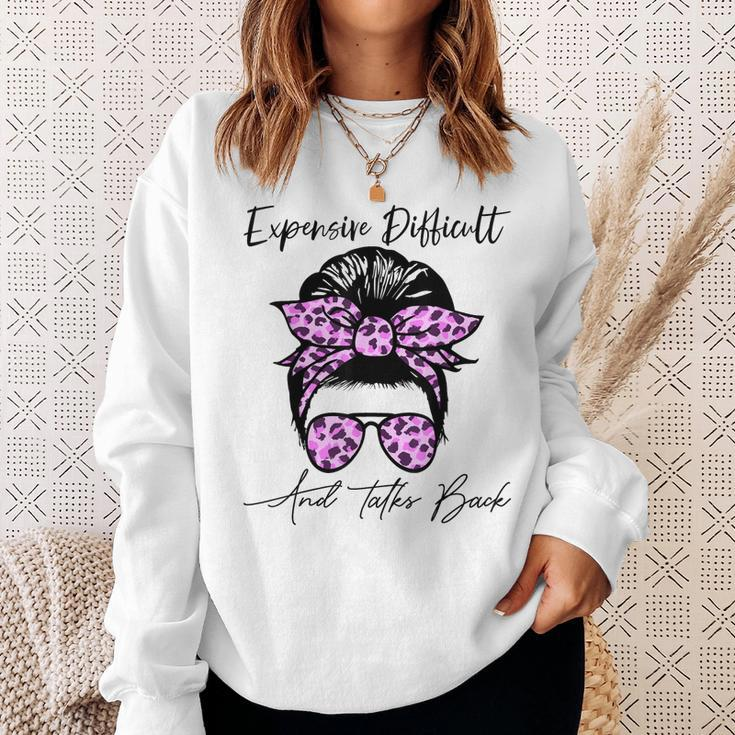 Expensive Difficult And Talks Back Messy Bun Leopard Pattern Sweatshirt Gifts for Her
