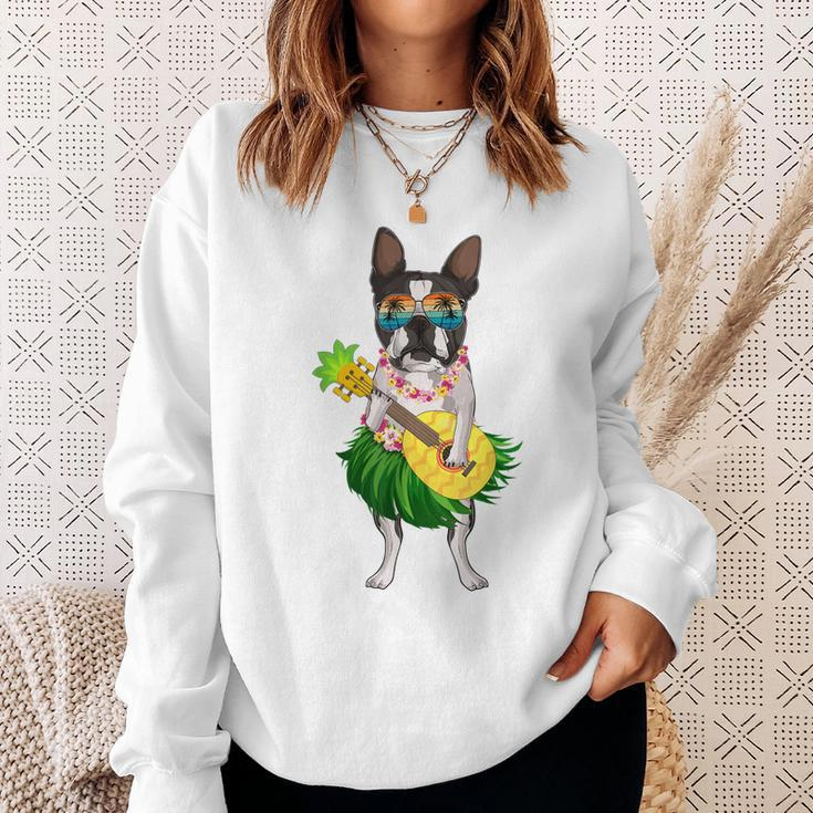 Funny Hawaiian Boston Terrier Dog Pineapple Ukulele Summer Sweatshirt Gifts for Her