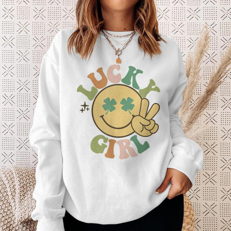 Lucky St Patricks Day Retro Smiling Face Shamrock Hippie Sweatshirt Gifts for Her