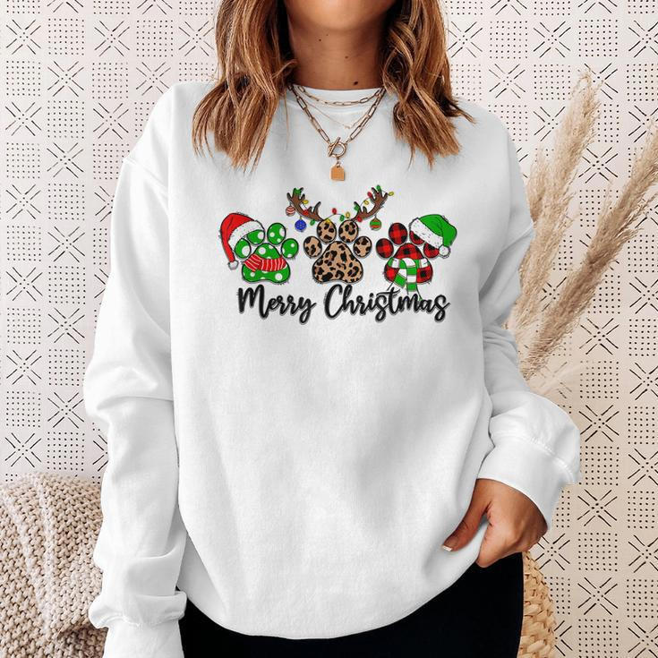 Merry Christmas Dog Paws Xmas Lights Leopard Buffalo Plaid Men Women Sweatshirt Graphic Print Unisex Gifts for Her