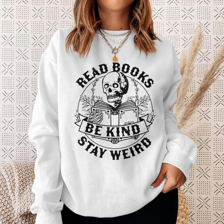 Read Books Be Kind Stay Weird Skeleton Reading Book Sweatshirt Gifts for Her