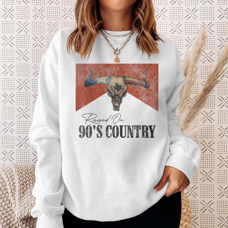 Vintage Raised On 90S Country Music Bull Skull Western Sweatshirt Gifts for Her