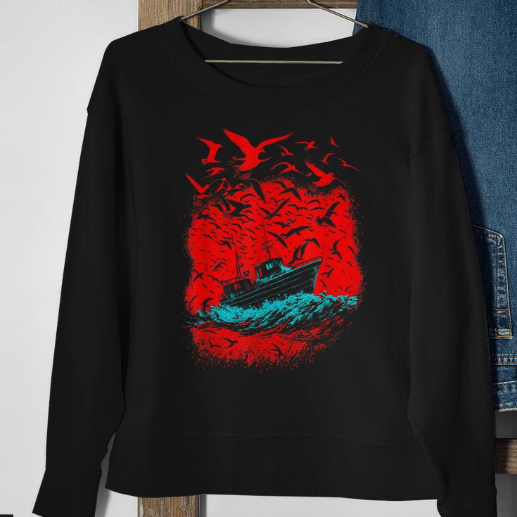 Art Birds And Boat In Ocean Under Red Sky Sweatshirt Gifts for Old Women