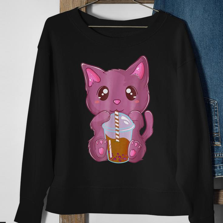 Boba Cat Drinking Boba Kitten Kawaii Japanese Kitty Sweatshirt Gifts for Old Women