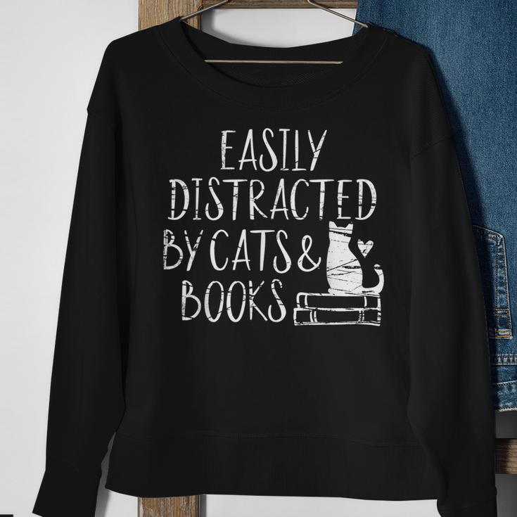 Easily Distracted By Cats And Books - Book Lovers Sweatshirt Gifts for Old Women
