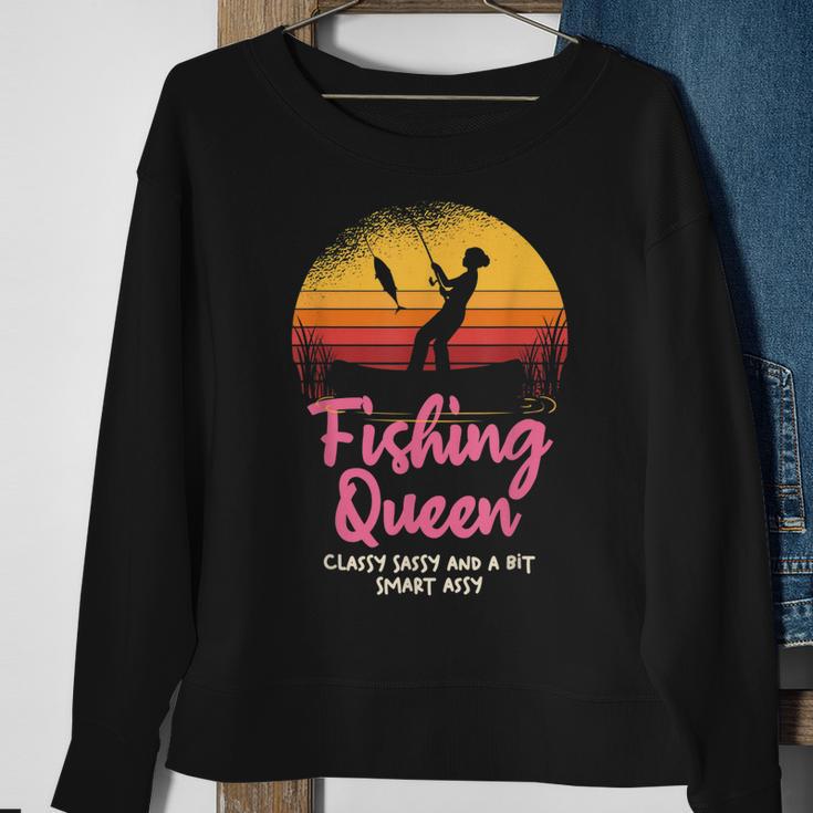 Fishing Queen Damen Sweatshirt mit Angler-Sonnenuntergang und Spruch Geschenke für alte Frauen