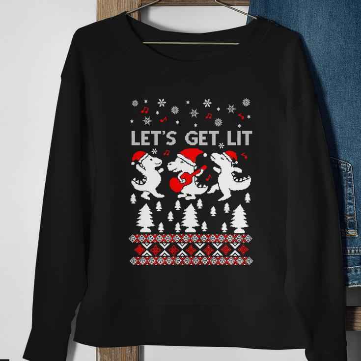 Lets Get Lit Pajamas Dinosaur Ugly Christmas Sweater Gift Sweatshirt Gifts for Old Women