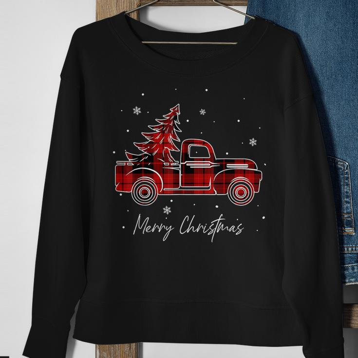 Merry Christmas Buffalo Truck Tree Red Plaid Family Matching Men Women Sweatshirt Graphic Print Unisex Gifts for Old Women