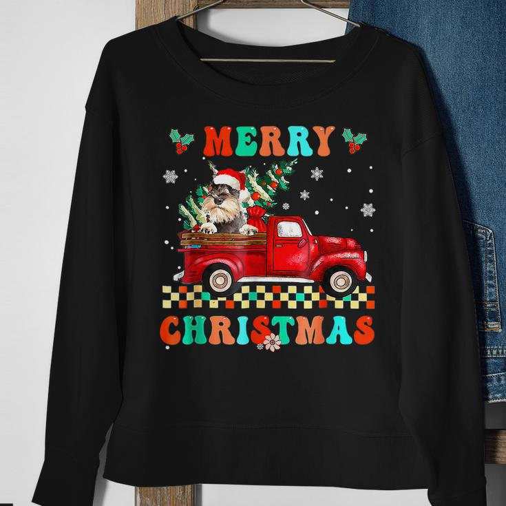 Merry Christmas Schnauzer Dog Riding Red Truck Xmas Tree Men Women Sweatshirt Graphic Print Unisex Gifts for Old Women