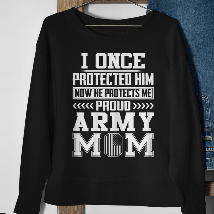 Womens I Once Protected Him Now He Protects Me Proud Army Mom Men Women Sweatshirt Graphic Print Unisex Gifts for Old Women