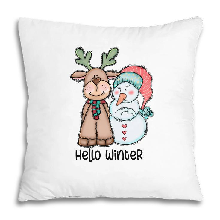 Cute Christmas Deer Snowman Hello Winter Pillow