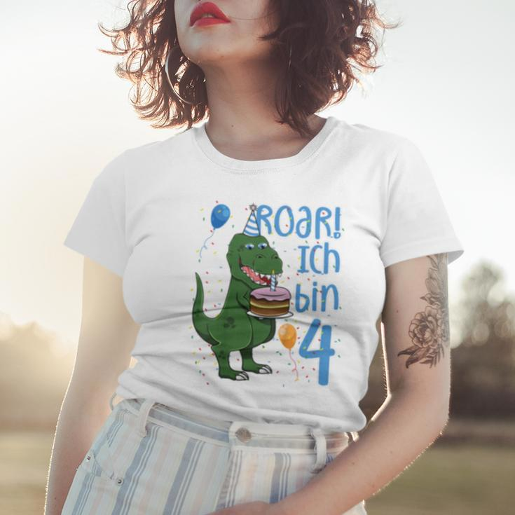 Kinder T-Rex 4. Geburtstag Frauen Tshirt, Lustiges Dino 4 Jahre Motiv Geschenke für Sie