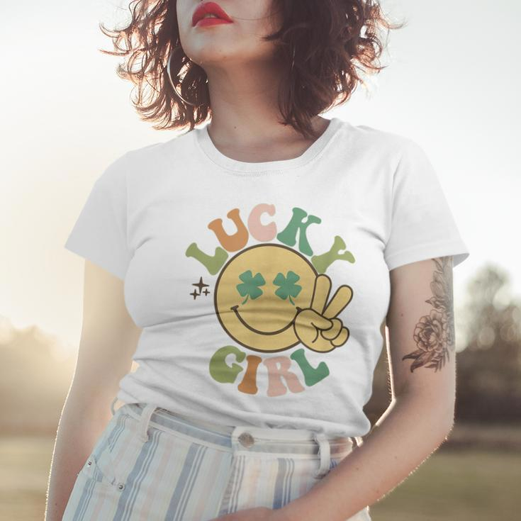 Lucky St Patricks Day Retro Smiling Face Shamrock Hippie Women T-shirt Gifts for Her