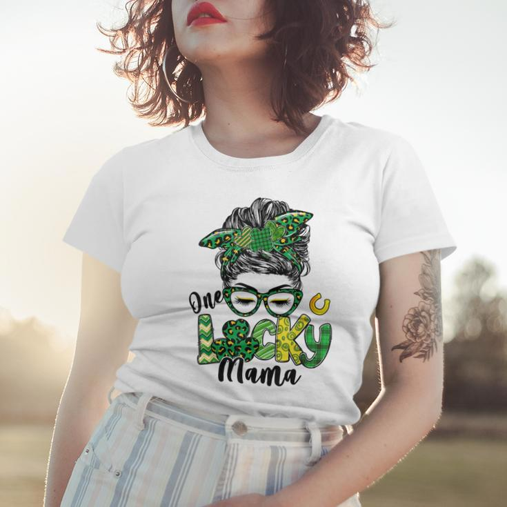 Messy Bun Leopard Green Shamrock Lucky Mama St Patricks Day Women T-shirt Gifts for Her