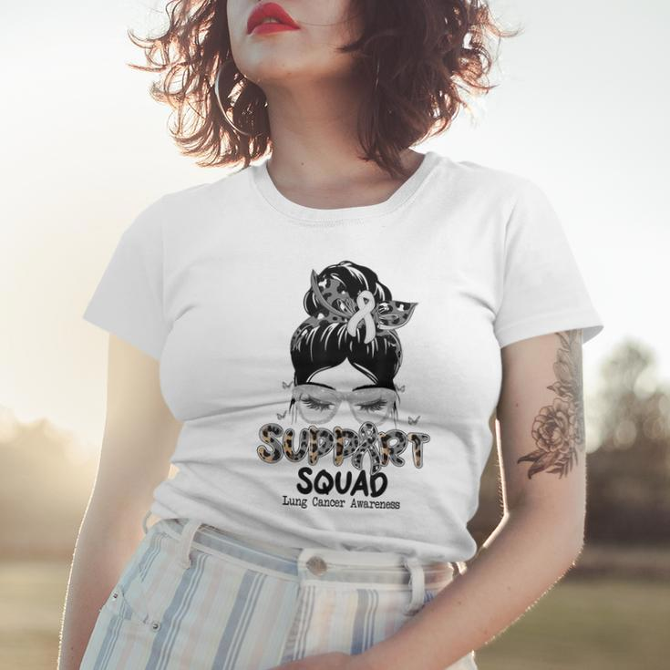 Support Squad Messy Bun Butterfly White Ribbon Lung Cancer Women T-shirt Gifts for Her