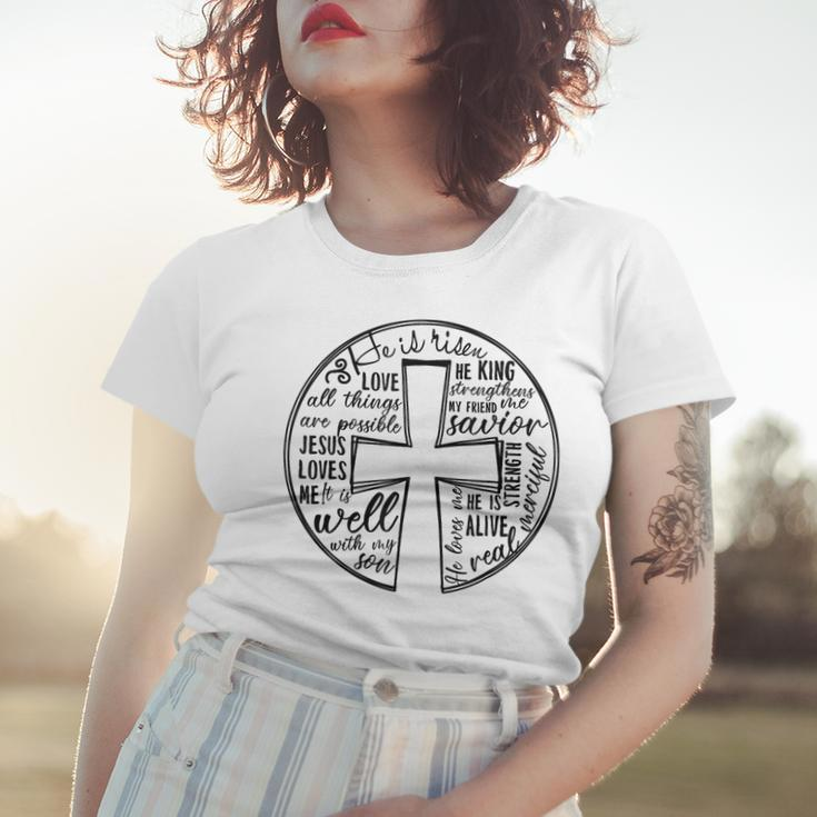 Vintage He Is Risen Bible Verse Christian Cross Happy Easter Women T-shirt Gifts for Her