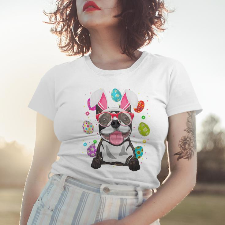 Womens Cute Bunny Boston Terrier Dog Face Easter Eggs Easter Women T-shirt Gifts for Her