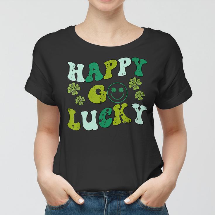 St Patricks Day Happy Go Lucky Shamrock Irish Retro Groovy  Women T-shirt