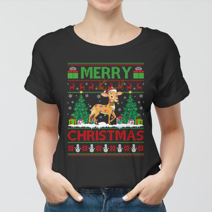 Deer Lover Xmas Tree Lights Ugly Santa Deer Christmas Great Gift Women T-shirt