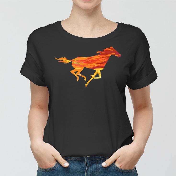 Flammen-Pferd Grafik Frauen Tshirt in Schwarz, Feuriges Design für Reiter