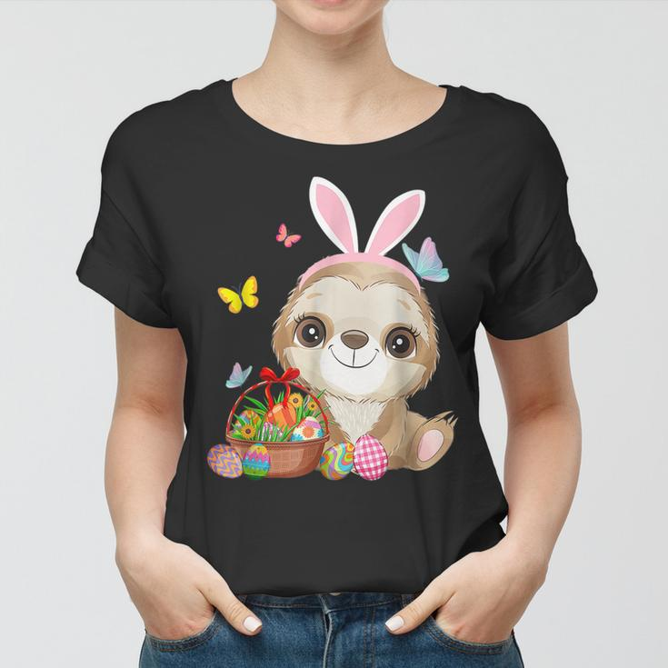 Funny Sloth Bunny Ear With Eggs Basket Easter Costume Rabbit Women T-shirt