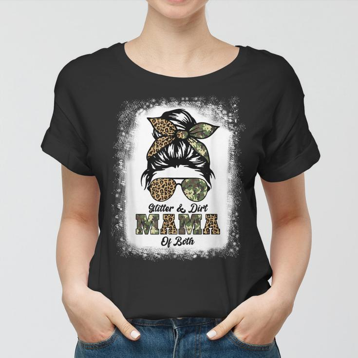 Glitter And Dirt Mom Of Both Leopard Camo Messy Bun Women T-shirt