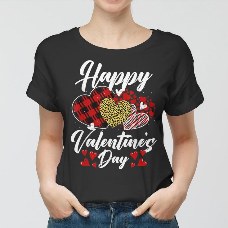 Happy Valentines Day Hearts With Leopard Plaid Valentine Women T-shirt