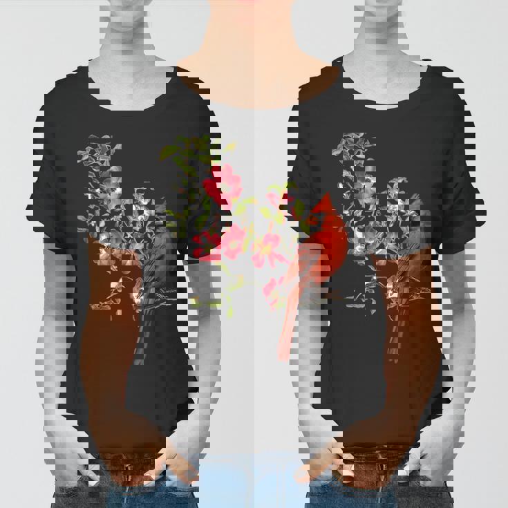 Red Cardinal Bird And Pink Flowering Dogwood Blossoms Women T-shirt
