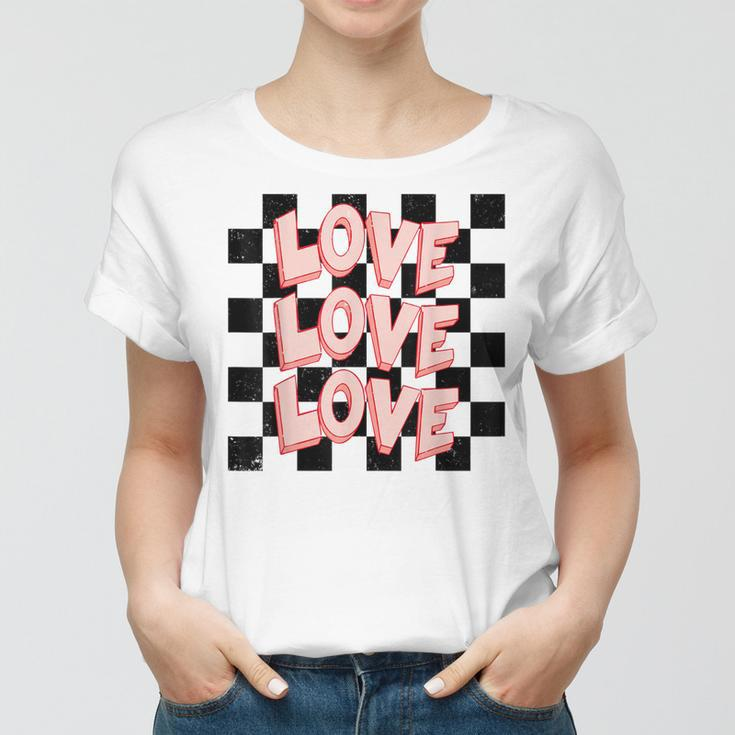 Love Heart Valentine Checkered Retro Groovy Valentines Day Women T-shirt